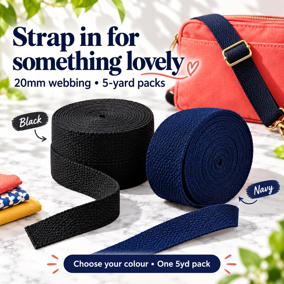 Black and Navy 20mm woven belting in five-yard packs, with a modern bag-strap styling example. Choose one colour.