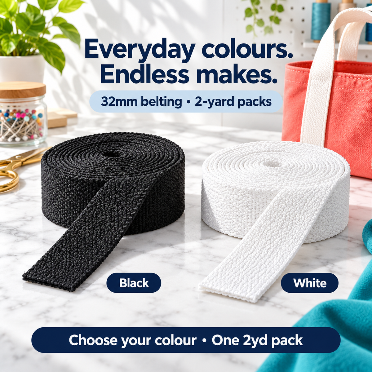 Black and White 32mm woven belting in two-yard packs. Both colour choices shown; one pack of the selected colour.