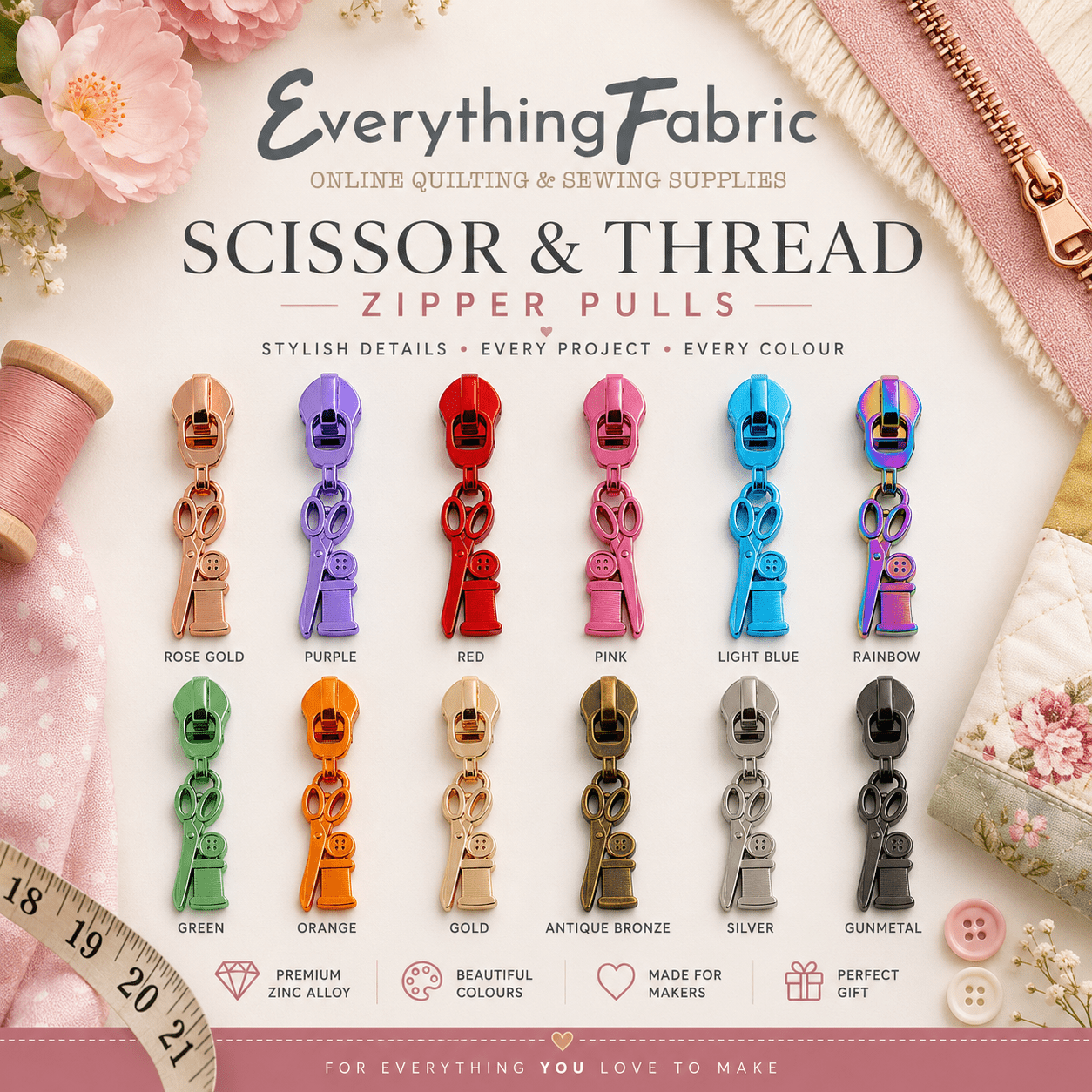Zip Pull Scissor & Thread 2pk - Everything Fabric